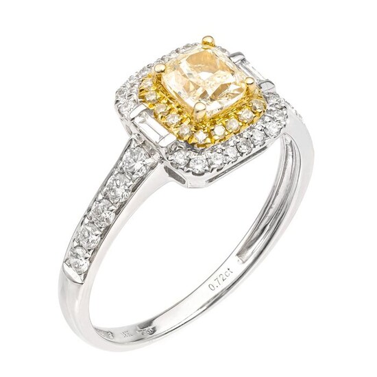 18 kt. White gold - Ring - IGI Report- 0.72ct Yellow Diamond,0.52ct Diamonds