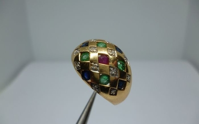 18 kt. Yellow gold - Ring Sapphires, emerald, rubies and diamonds