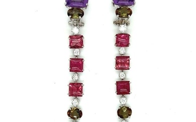 18K White Gold CISGEM Certified Amethyst Rubelite Andalusite and Diamond Earrings