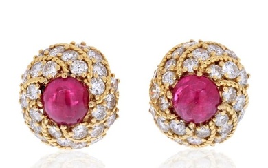 18K Yellow Gold Cluster Diamond And Rubies Estate Earrings