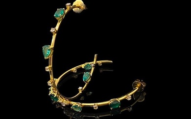 18K Yellow Gold Emerald & Diamond Hoop Earrings