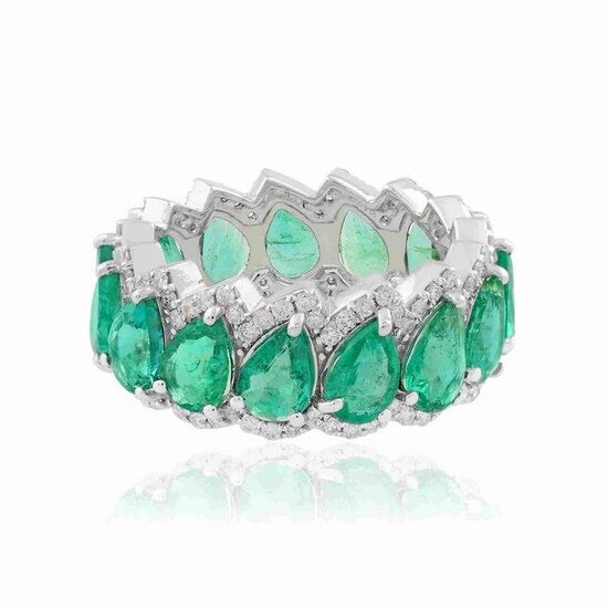 18k White Gold Band Ring HI/SI Diamond Emerald Jewelry