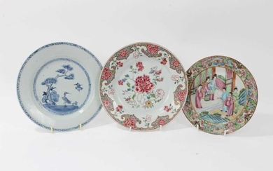 18th century Chinese famille rose porcelain plate, an 18th century Chinese blue and white plate, and a 19th century Canton plate (3)