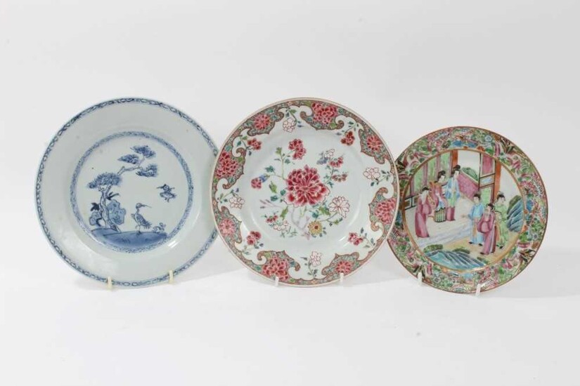 18th century Chinese famille rose porcelain plate, an 18th century Chinese blue and white plate, and a 19th century Canton plate (3)