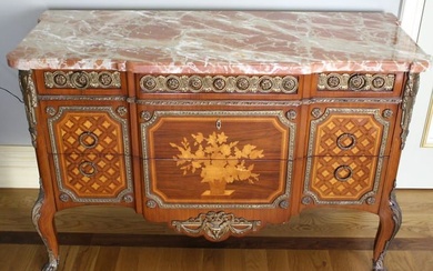 19C FRENCH MARQUETRY INLAID MARBLE TOP COMMODE