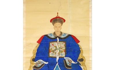 19TH C CHINESE ANCESTOR PORTRAIT WATERCOLOR PAINTING
