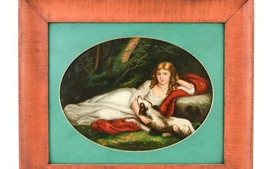 19TH C. NEW YORK FOLK ART GIRL WITH DOG O/B