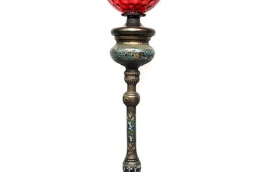 19th Century Champleve Oil Bronze Floor Lamp with antique glass shade - hgt 77" dia. 11" - good