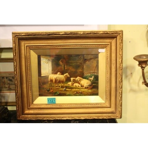 19th Century School "Hens and Sheep in a Stable" Oil (36cm x...