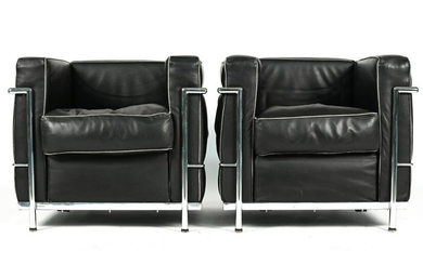 BLACK LEATHER ARM CHAIRS AFTER CORBUSIER