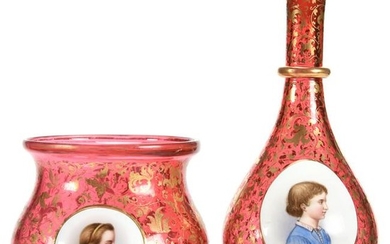 (2) Cranberry Art Glass Vases, Medallion Portraits