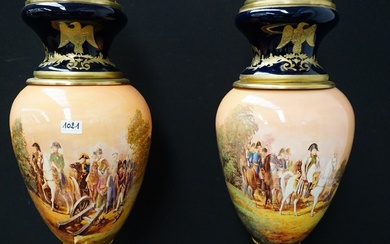 2 Grands vases à couvercle de style Sèvres - Décorés de scènes de Napoléon -...