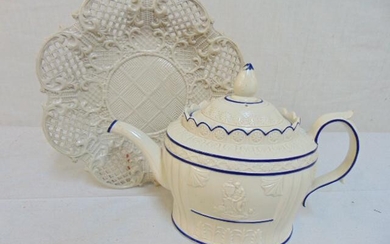 2 pieces creamware, tea pot & reticulated plate, plate