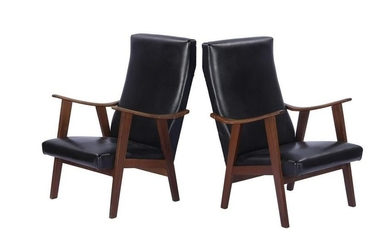 2 teak armchairs with black leather