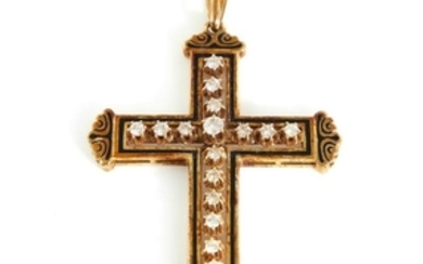 Diamond and enameled gold cross pendant