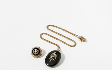 A 14 carat gold necklace, an onyx and diamond locket and a 14 carat gold, onyx and diamond brooch