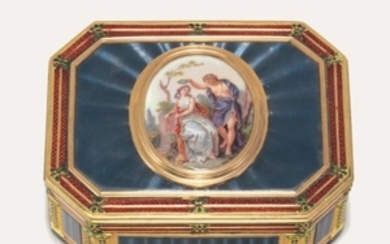 AN AUSTRIAN ENAMELLED GOLD SNUFF-BOX, BY JOSEF WOLFGANG SCHMIDT (FL. 1769-1836), MARKED, VIENNA, CIRCA 1790, STRUCK WITH TWO FRENCH POST-1838 RESTRICTED WARRANTY MARKS FOR GOLD