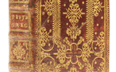 Binding.- Bible, Greek.- , He kaine diatheke apanta [Greek New Testament], engraved title pictorial title, near contemporary red morocco elaborately tooled in gilt, Amsterdam, W.Blaeu, 1633.
