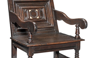 A Charles II joined oak and bone-inlaid panel-back open armchair, Cheshire/Lancashire, circa 1670