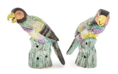 * A Pair of Chinese Export Polychrome Enameled Porcelain Figures of Parrots