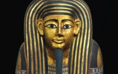 AN EGYPTIAN GILT AND PAINTED WOOD MASK, PTOLEMAIC PERIOD, 332-30 B.C.
