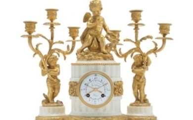 A FRENCH ORMOLU AND WHITE MARBLE THREE-PIECE CLOCK GARNITURE, SIGNED FOURGEAU, NIMES, SECOND HALF 19TH CENTURY