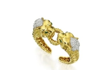 Gold, Emerald and Diamond 'Estée Lauder Twin Lion' Cuff-Bracelet, David Webb