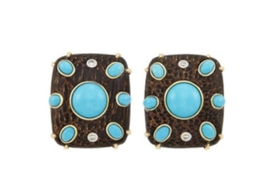 Pair of Gold, Wood, Turquoise and Diamond Earclips
