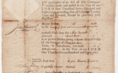 Hancock, John (1737-1793) Ship's Register, Signed 29 May 1784.