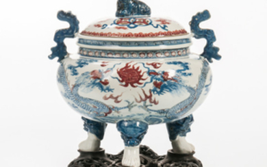 Iron Red-decorated Blue and White Porcelain Tripod Censer and Cover