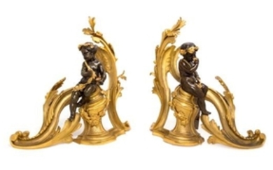A Pair of Louis XV Style Gilt and Patinated Bronze Chenets