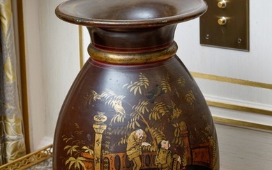 Paire de vases balustres sur piédouche en céramique, par F. Gerbing Witwe, Bohême, XIXe s., à décor sinisant sur fond brun, h. 32,5 cm