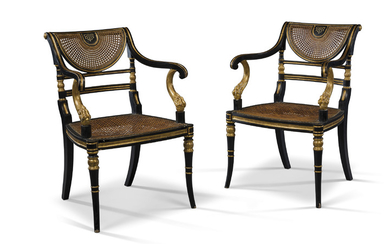 A PAIR OF REGENCY PARCEL-GILT AND EBONISED OPEN ARMCHAIRS, EARLY 19TH CENTURY, REDECORATED