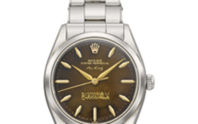 Rolex. A very fine and extremely rare stainless steel automatic wristwatch with sweep centre seconds and Sheikh Abdullah Al-Jaber Al-Sabah gilt signature tropical dial, bracelet, blank guarantee and original box, presented by Sheikh Abdullah Al-Jaber...