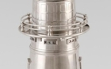 SILVER PLATED LIGHTHOUSE-FORM COCKTAIL SHAKER Height 14".