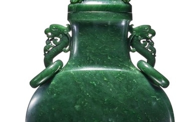 A SPINACH-GREEN JADE MOONFLASK AND COVER QING DYNASTY, 18TH CENTURY
