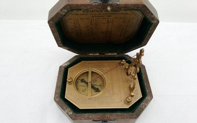 Vintage sundial compass in wooden box