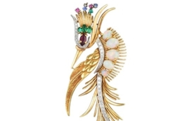 An 18K Gold Diamond Opal and Multi-Gem Bird of Paradise Pin