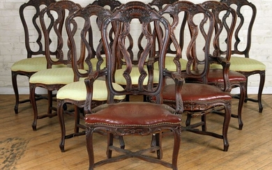 SET OF 10 CARVED OAK DINING CHAIRS CIRCA 1920