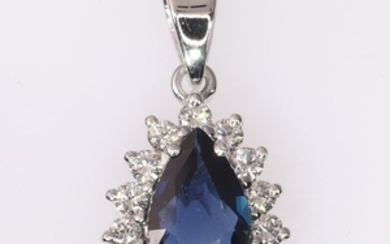 18 kt. White gold - drop-shaped cluster - Vintage -, Pendant Sapphire - Diamonds