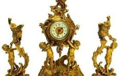 3 Piece Gilt Bronze Clock Garniture with Cherubs Candelabras Set