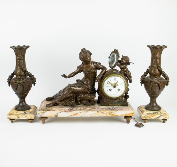 3 piece clock in art bronze on marble base