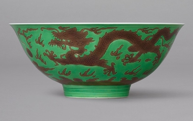A GREEN-GROUND AUBERGINE-ENAMELLED 'DRAGON' BOWL MARK AND PERIOD OF YONGZHENG