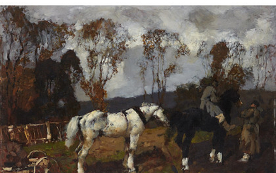 Alessio Issupoff ( Vjatka 1889 - Roma 1957 ) , "Cavalli e contadini" olio su compensato (cm 50x70) Firmato in basso a sinistra In cornice