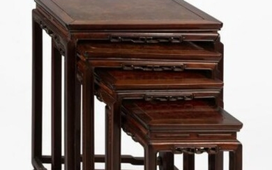 (4) Chinese Teak & Burl Nesting Tables