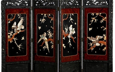 (-), 4-turn lacquered folding screen with carvings of...