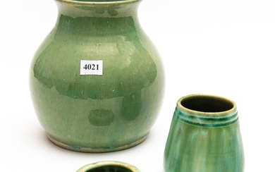 TWO JOHN CAMPBELL GREEN GLAZED VASES AND A REMUED ASHTRAY