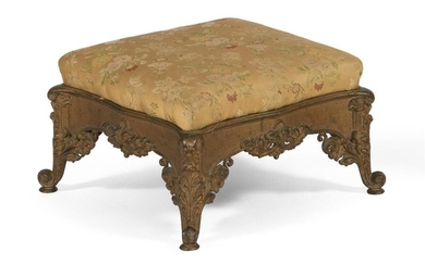 SMALL GILT METAL FOOTSTOOL Ornately scrolled apron and feet. Top with yellow floral upholstery. Height 20". Top 14" x 14".