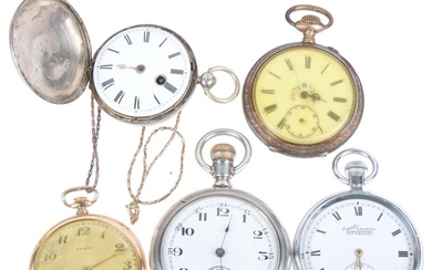 5 pocket watches, including Waltham sterling silver example,...