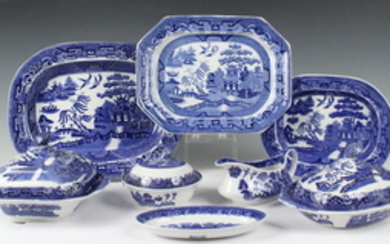 (8) 19TH C. BLUE WILLOW CHINA SERVING PIECES
